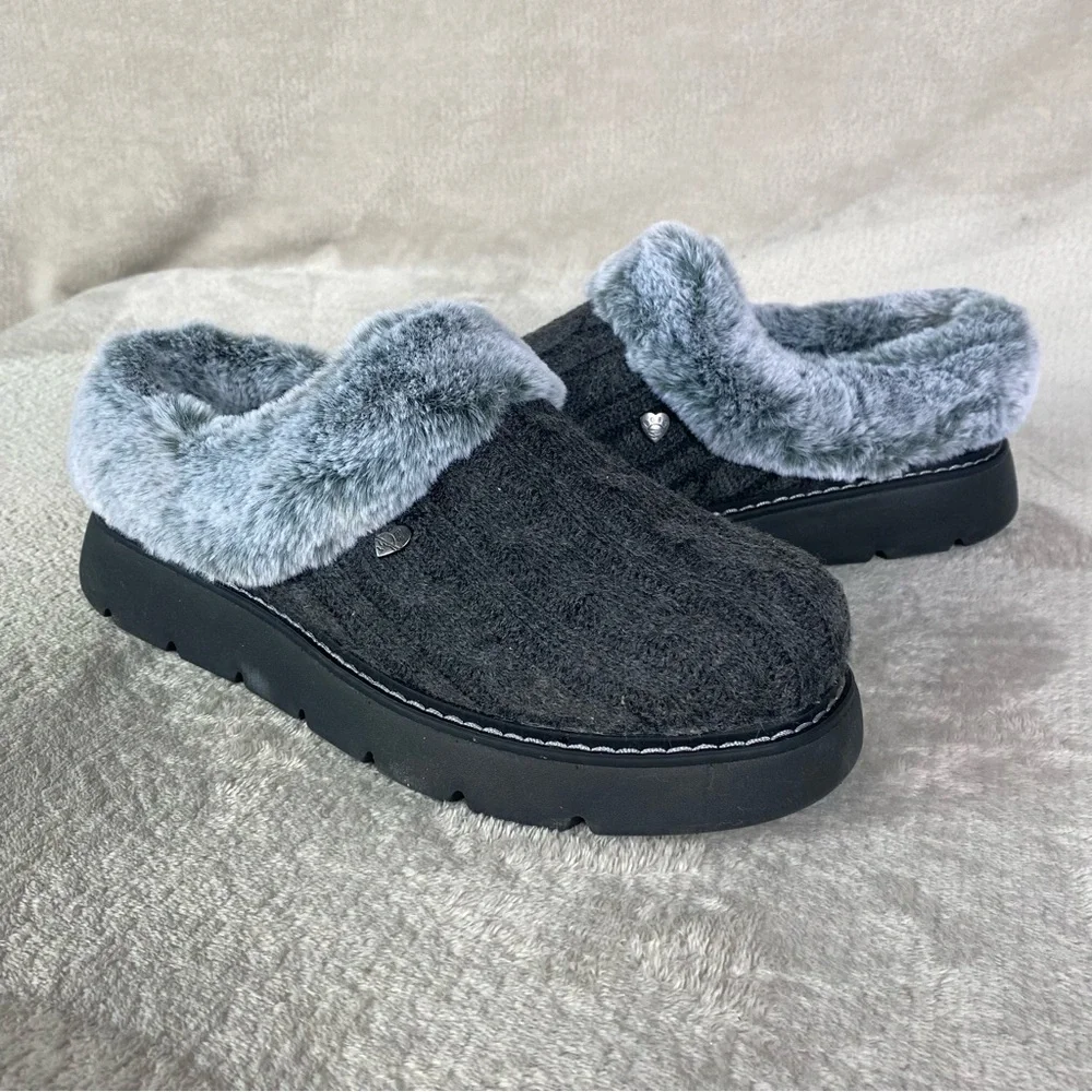 BOBS from Skechers Keepsakes Clogs Womens Size 8 Gray Fur Cable Knit Slipper NEW - Picture 3 of 9